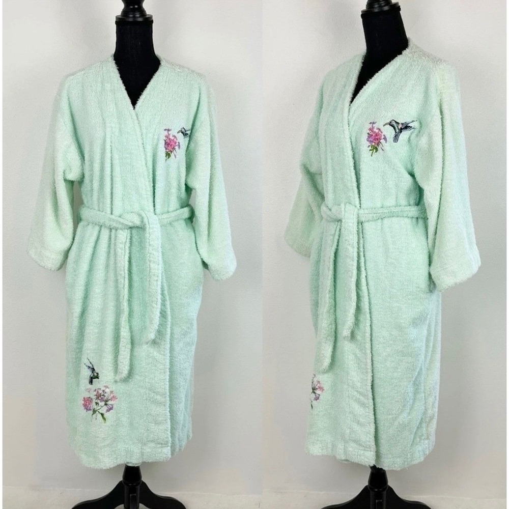 Vintage Blair Women's M/L Mint Terry Cloth Robe Wrap Tie Embroider Hummingbird